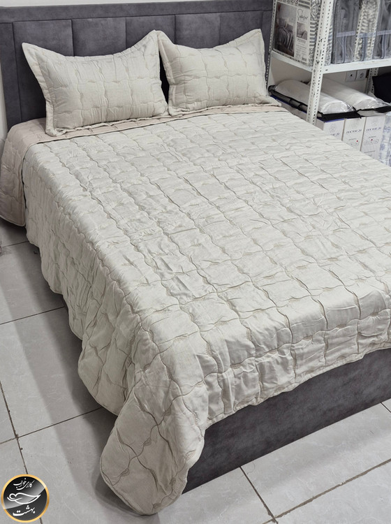 روتختی دونفره پنبه دوزی ترک تمام نخ مدل والریا (3 تکه - کرم روشن)