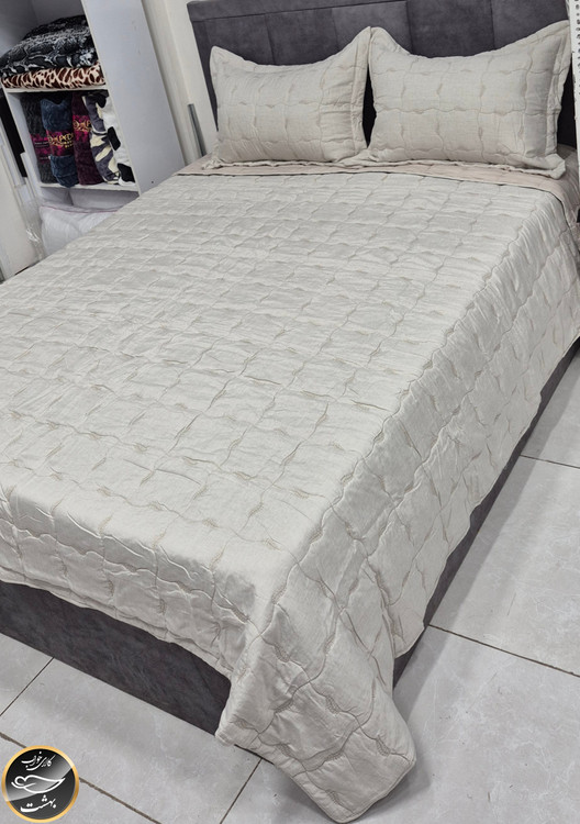 روتختی دونفره پنبه دوزی ترک تمام نخ مدل والریا (3 تکه - کرم روشن)