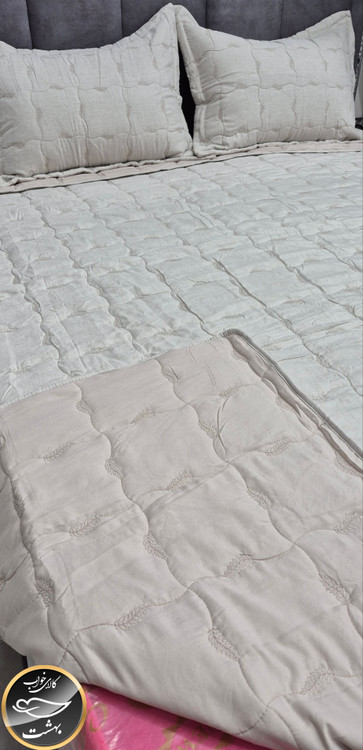 روتختی دونفره پنبه دوزی ترک تمام نخ مدل والریا (3 تکه - کرم روشن)