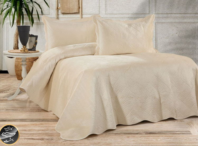 روتختی دونفره پنبه دوزی مخمل برند Toyo ترک (سه تکه - رنگ شیری)