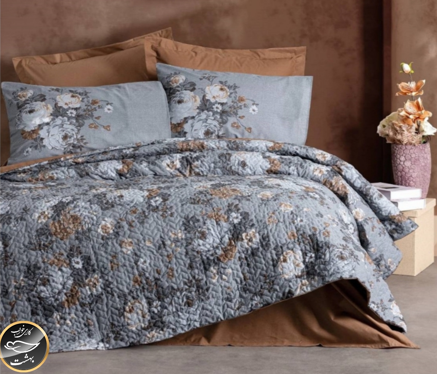 ست کاور لحاف پنبه دوزی یک نفره (سه تکه) Compete Seti Mode Line - Lenora Kahve