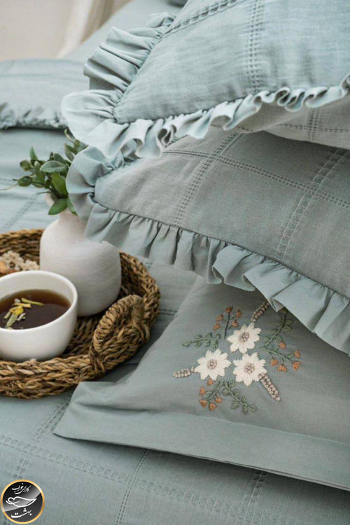 ست کاور لحاف دونفره مدل Fiorella Mint برند شاهسر ترک (شش تکه - سبز نعنایی)