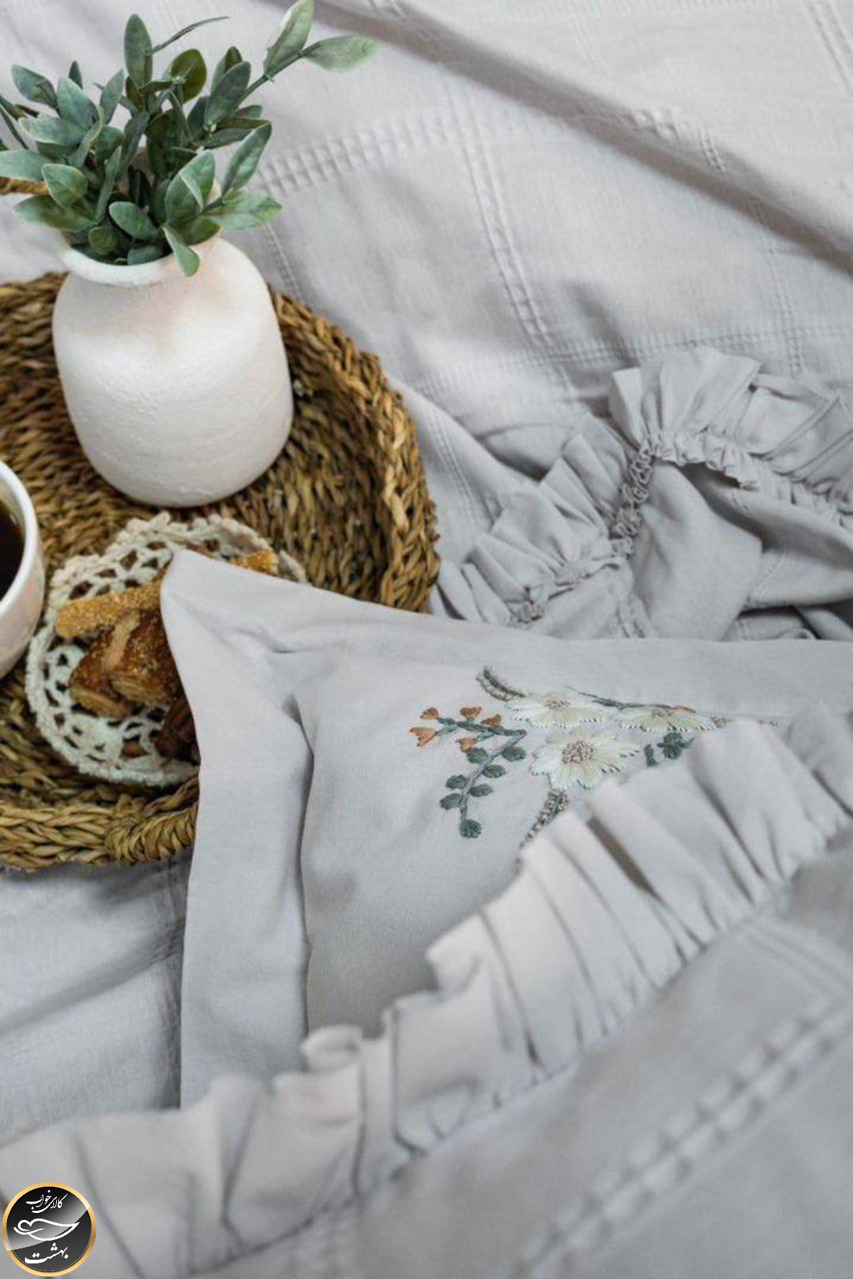 ست کاور لحاف دونفره مدل Fiorella Gri برند شاهسر ترک (شش تکه - طوسی)