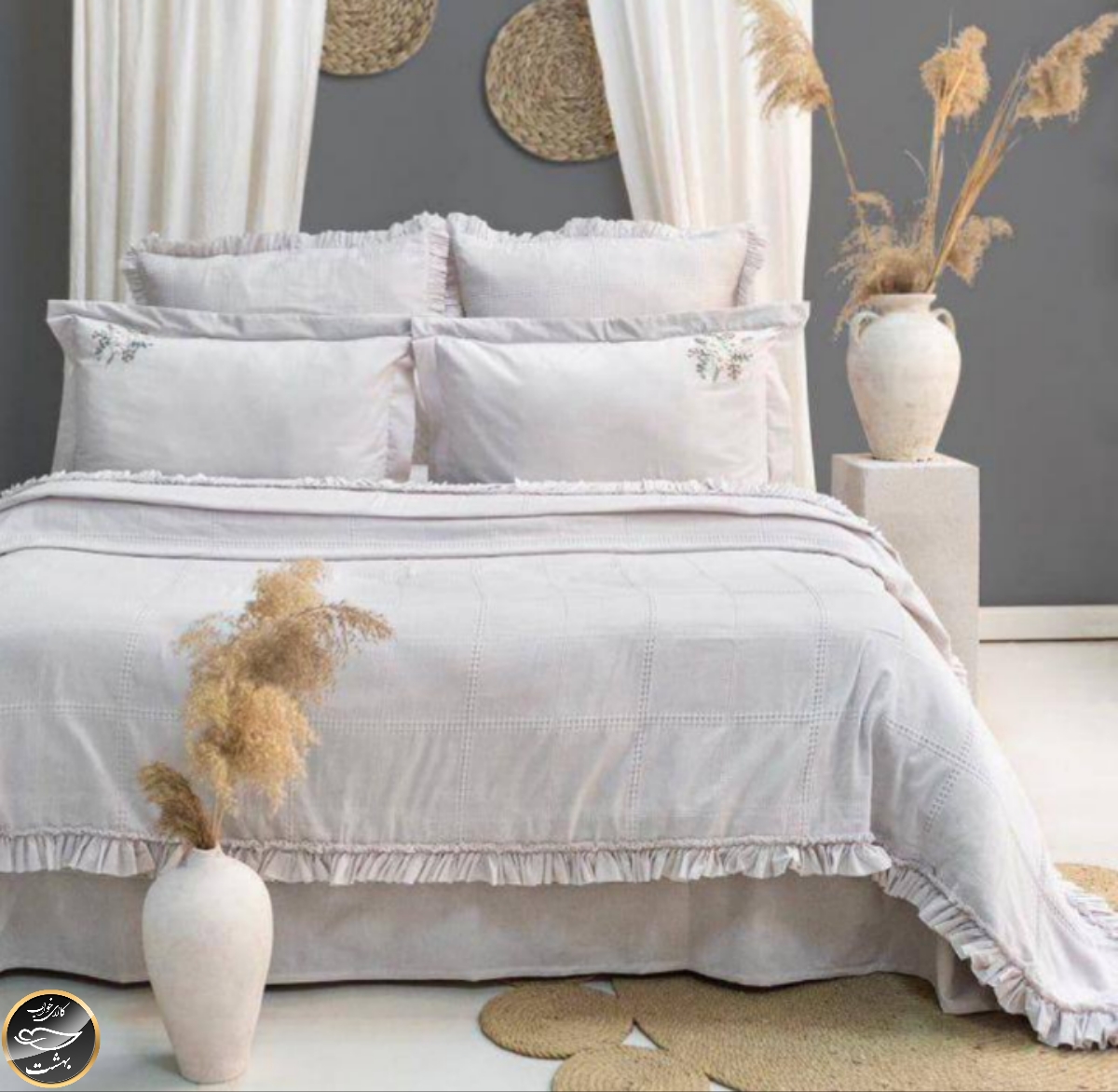 ست کاور لحاف دونفره مدل Fiorella Gri برند شاهسر ترک (شش تکه - طوسی)