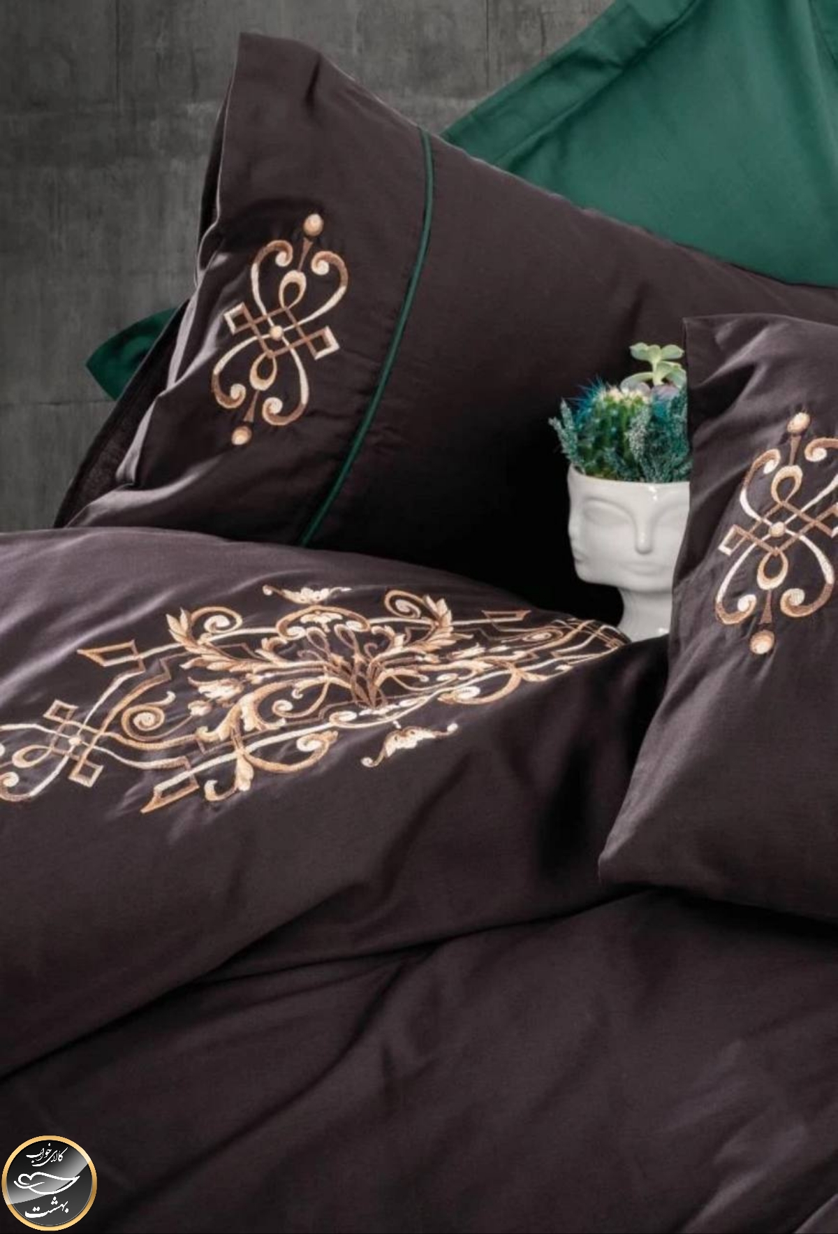 ست کاور لحاف ساتن دونفره Brode Saten مدل Tiana Yesil (شش تکه - سبز)