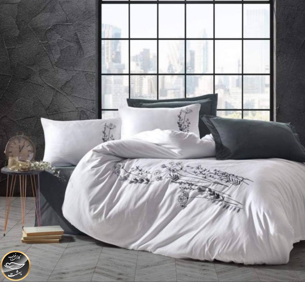 ست کاور لحاف ساتن دونفره 3D Nakisli مدل Nicci Antrasit (شش تکه)