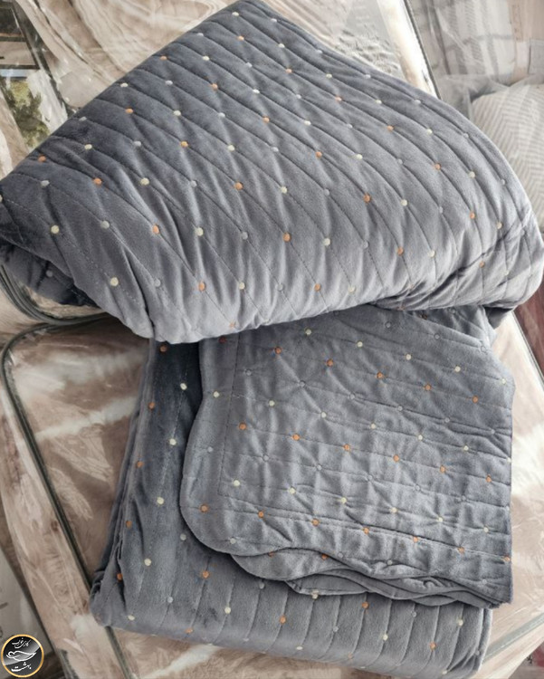 روتختی دونفره پنبه دوزی مخمل ترک (سه تکه - دودی)