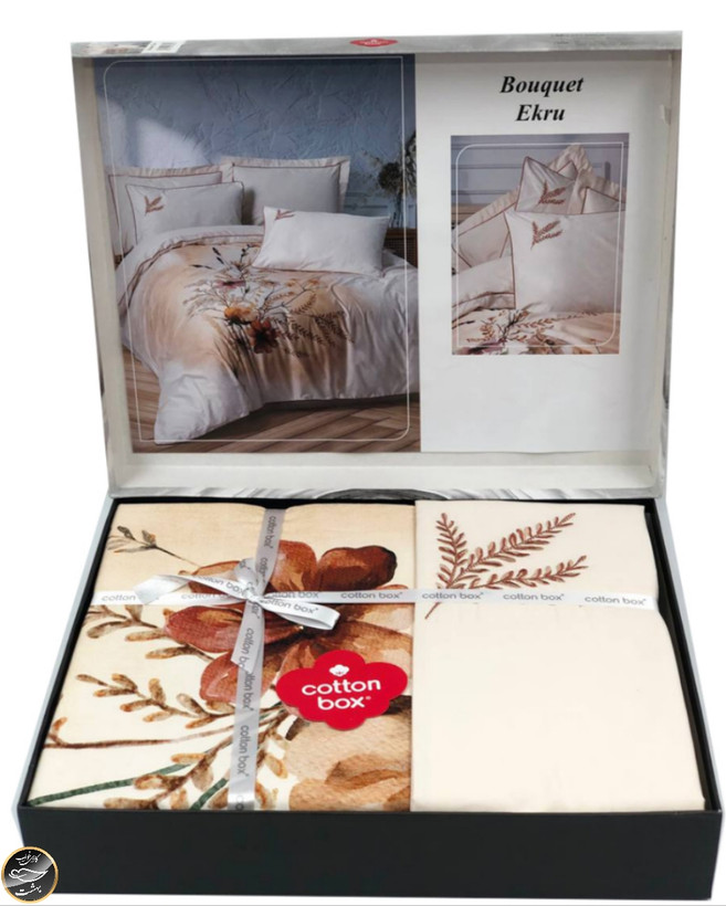 ست کاور لحاف ساتن دونفره Elite مدل Bouquet Ekru (شش تکه)