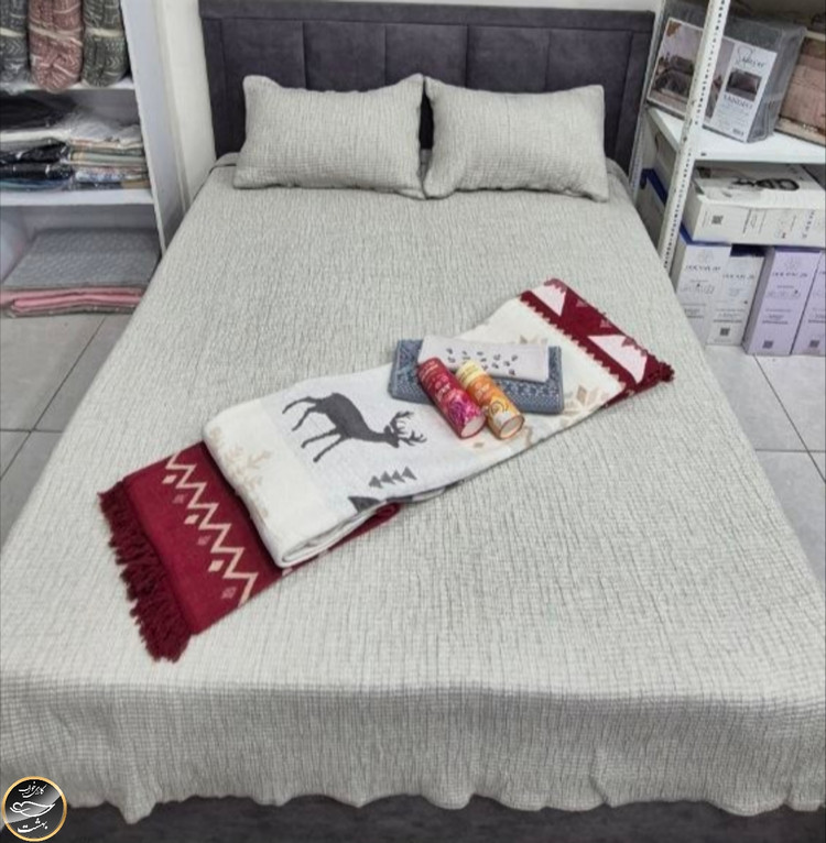 دونفره پنبه دوزی برند کاراجا ترک (سه تکه - طوسی روشن)