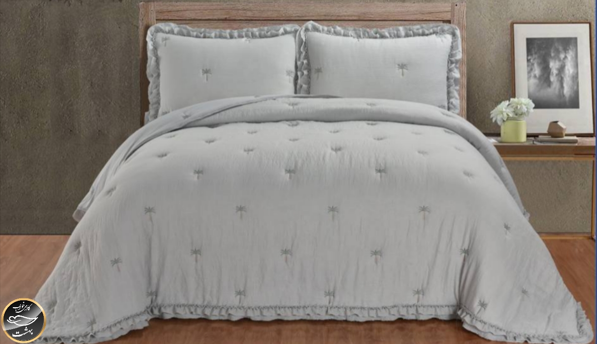 روتختی دونفره پنبه دوزی چین دار ترک مدل Maison Lux (سه تکه - طوسی)
