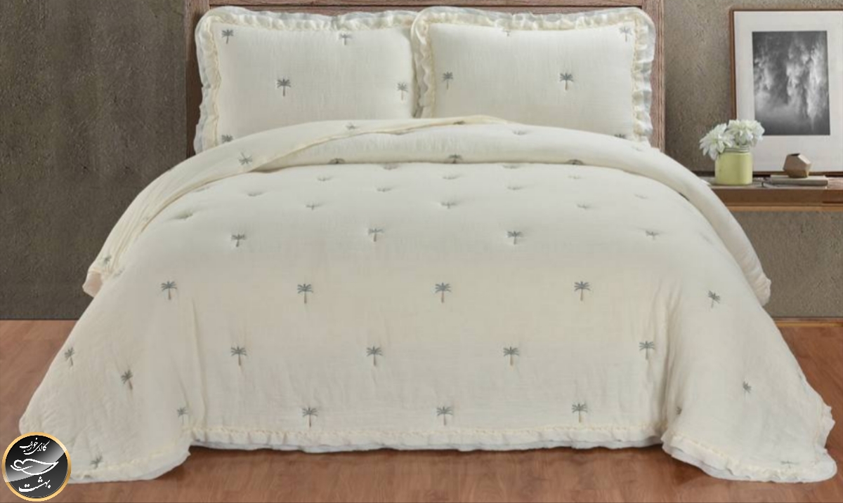 روتختی دونفره پنبه دوزی چین دار ترک مدل Maison Lux (سه تکه - سفید شیری)