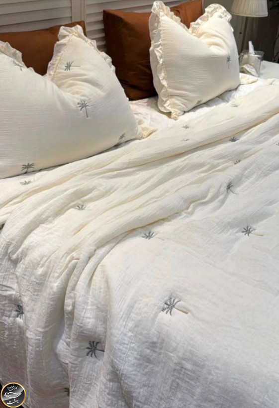 روتختی دونفره پنبه دوزی چین دار ترک مدل Maison Lux (سه تکه - سفید شیری)